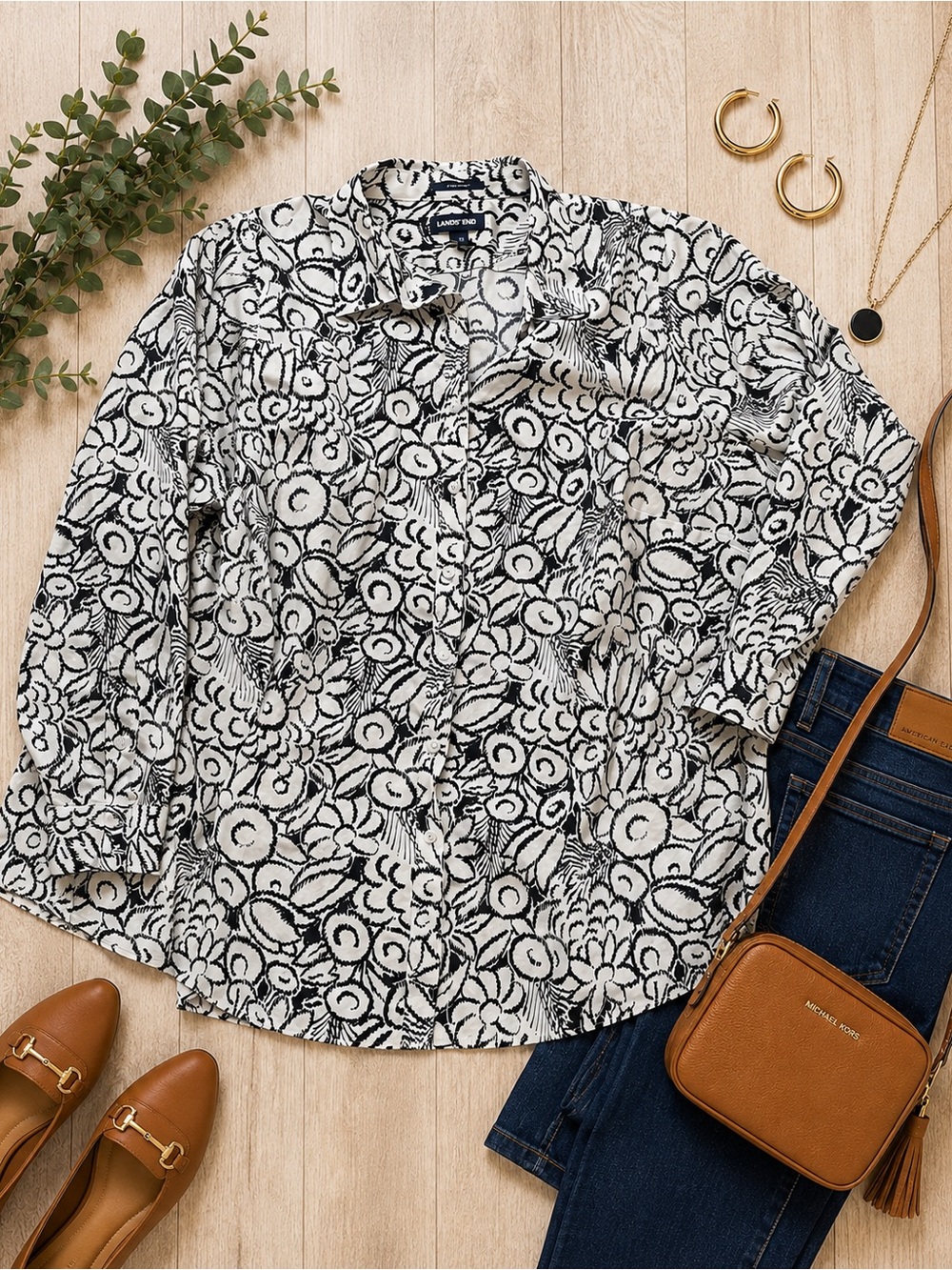 Lands’ End 24W Black White Floral Button Front Blouse Plus Size Career Shirt